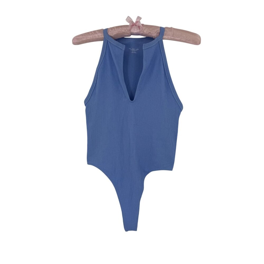 NWT UO Blue Ribbed Bodysuit XS/S High Neck V-Slit Thong • Modern Minimalist Y2K - Picture 7 of 16